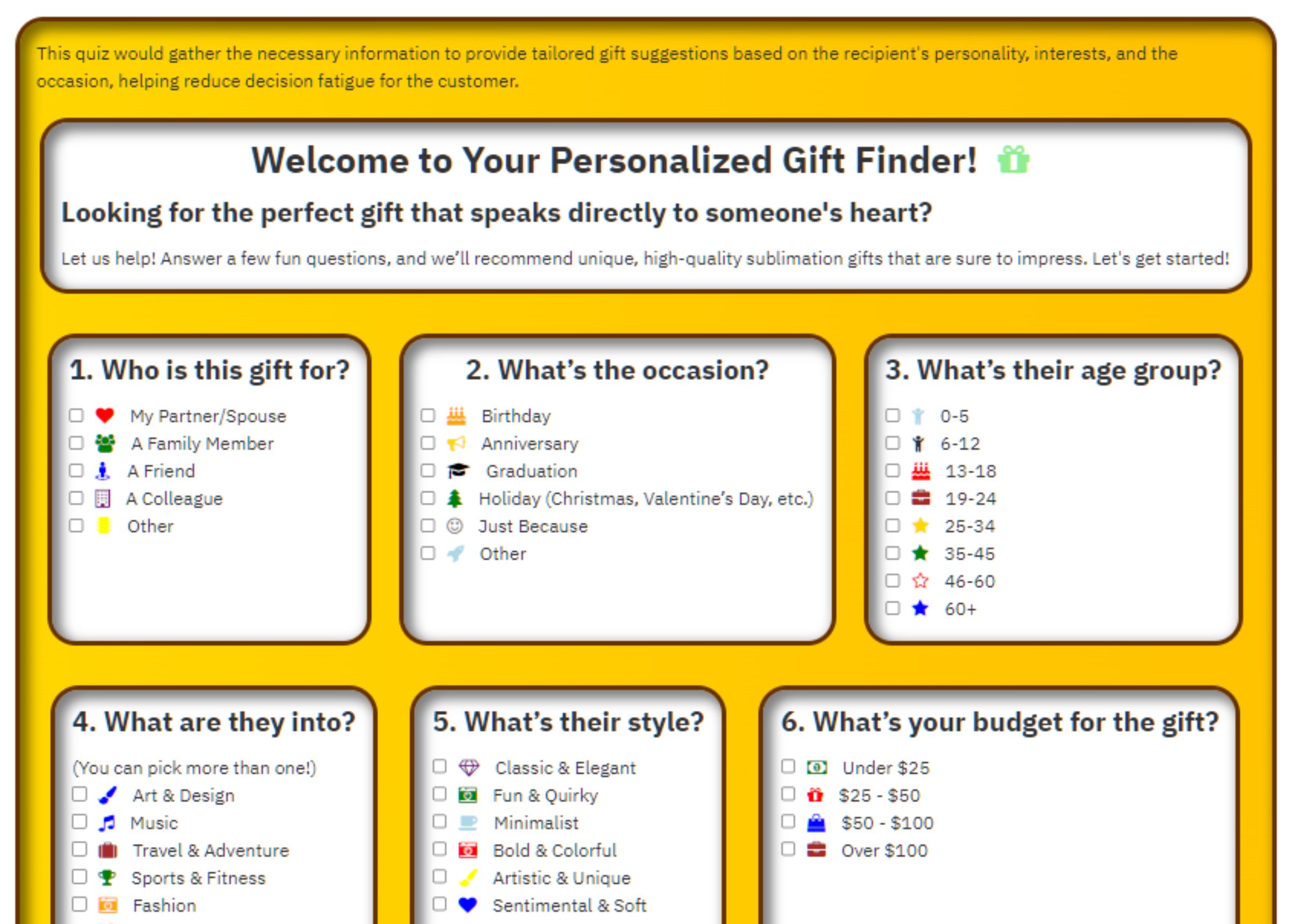 gift finder selection choices