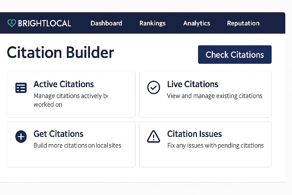 Screenshot of BrightLocal local SEO tool interface showing
citation management options