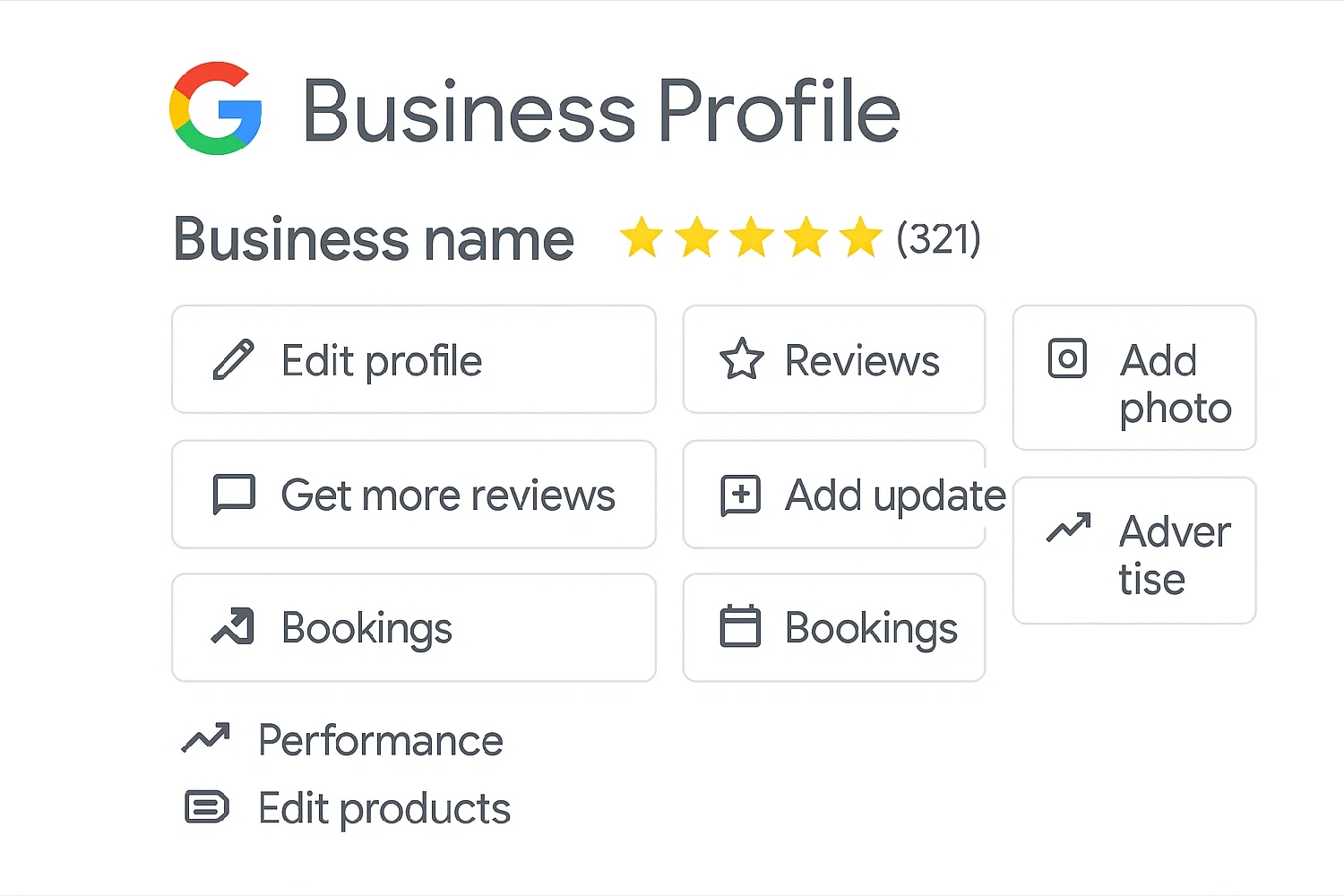 Screenshot of Google Business Profile management interface
showing various optimization options