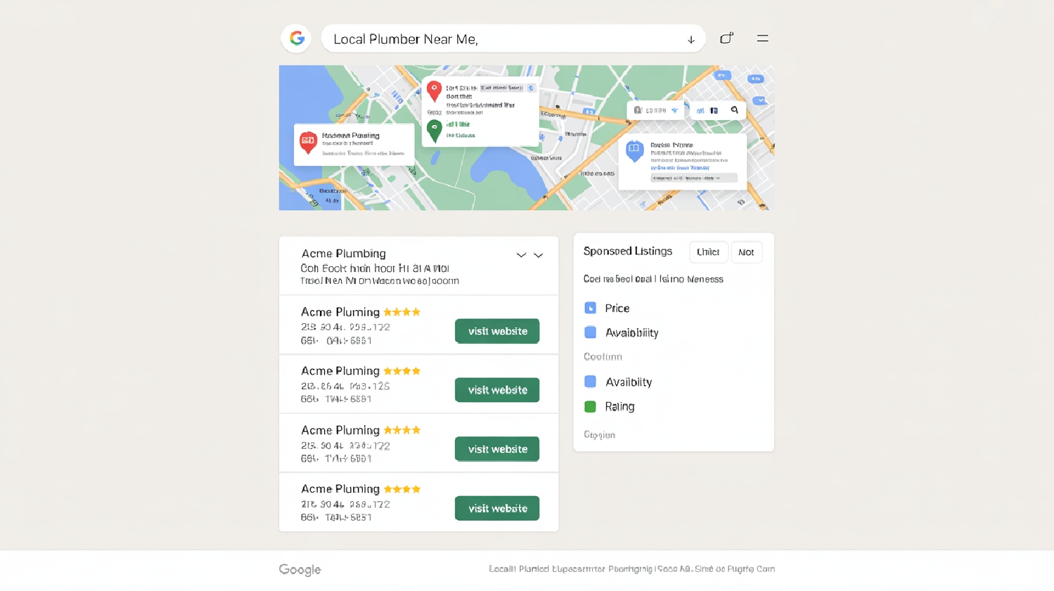 Local SEO search results displaying Google map pack and local business
listings