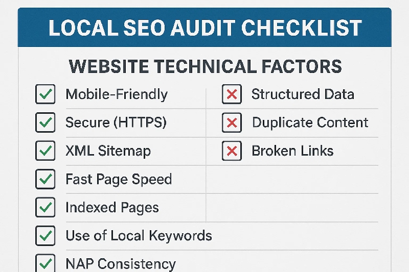 Local SEO audit checklist
showing website technical factors and their status