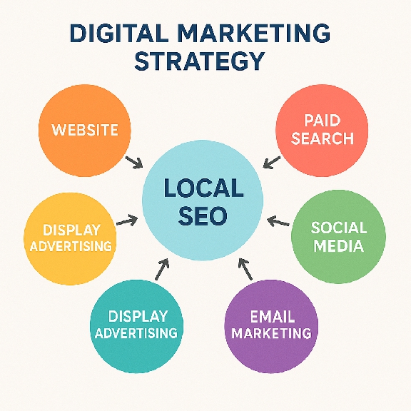 Digital marketing
strategy diagram showing how local SEO integrates with other marketing channels