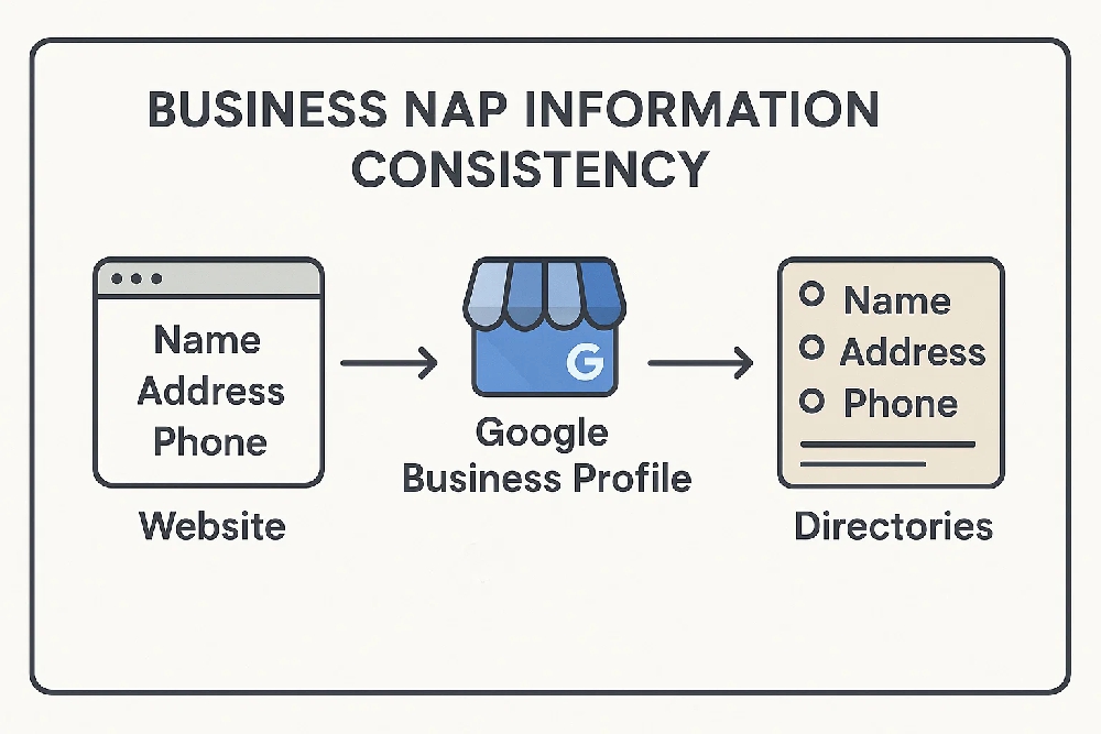 Diagram showing business NAP
information consistency across website, Google Business Profile, and directories