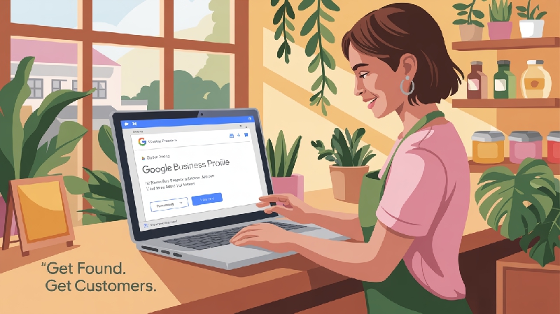 Small business owner updating
Google Business Profile on laptop in their shop