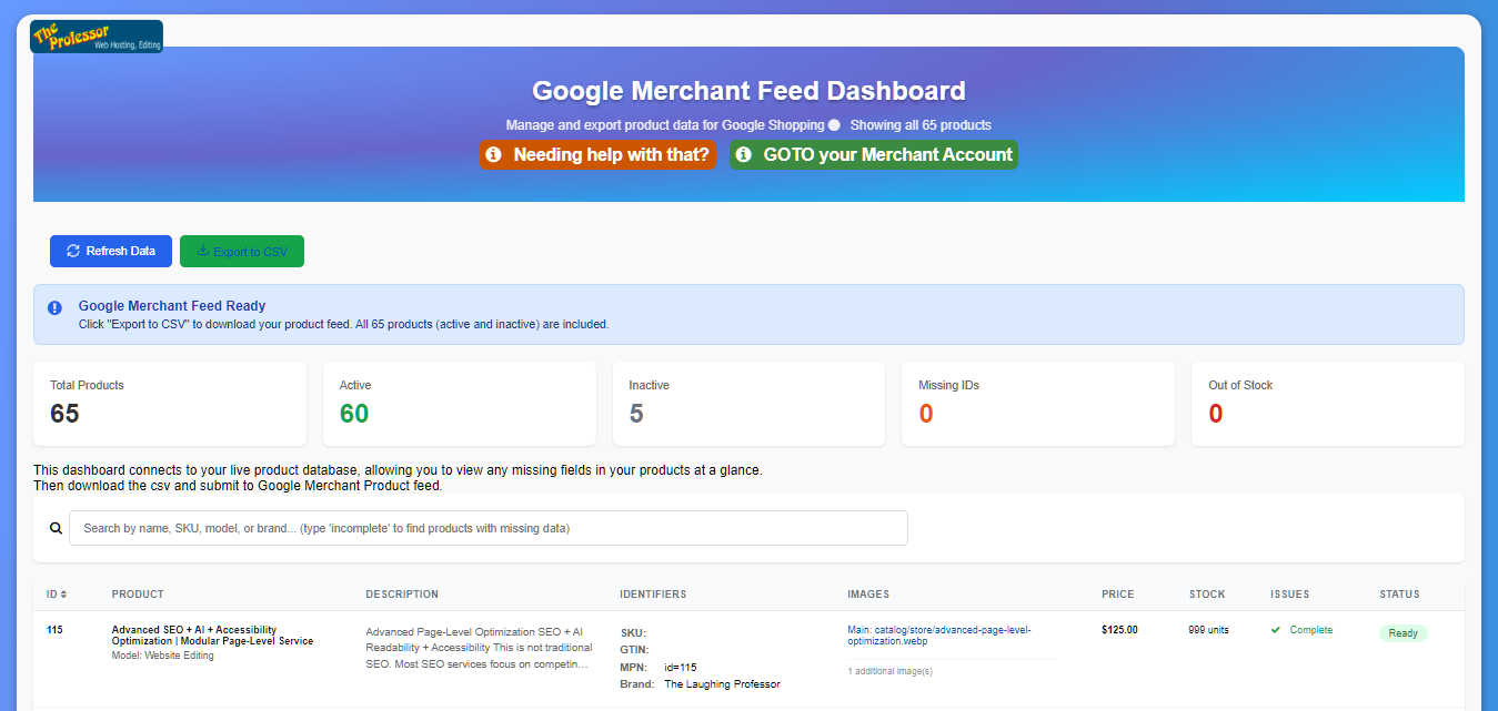 Google Merchant Feed Dashboard Screenshot
