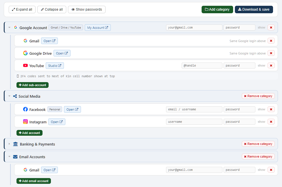 example digital accounts for Next of Kin screenshot