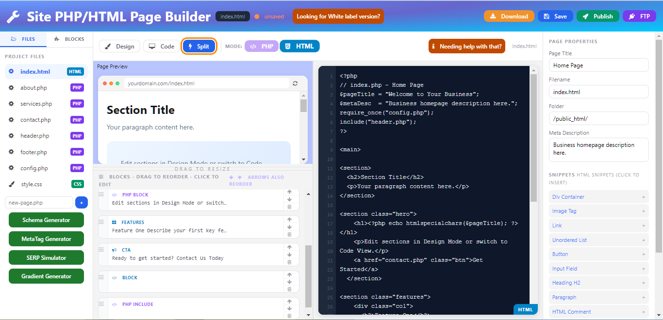 Custom php or html Page Builder