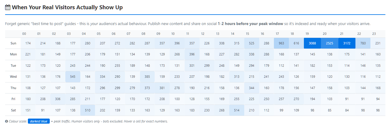 Day and hour heatmap showing when real human visitors arrive on the website